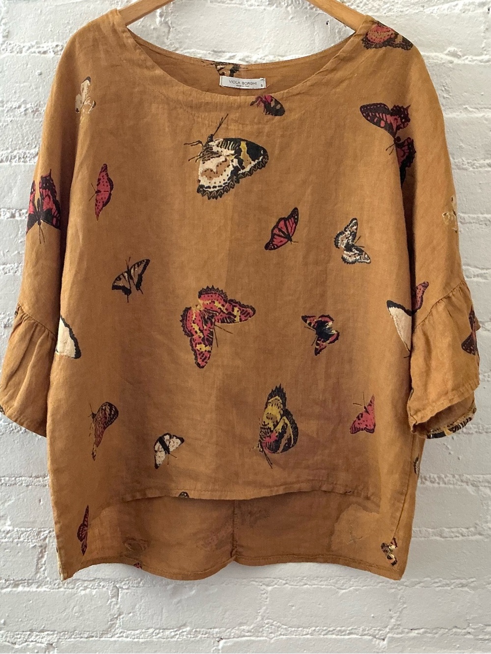 Viola Borghi Womens 100% Linen Butterfly Top Blouse 3/4 Ruffle Sleeves Brown S